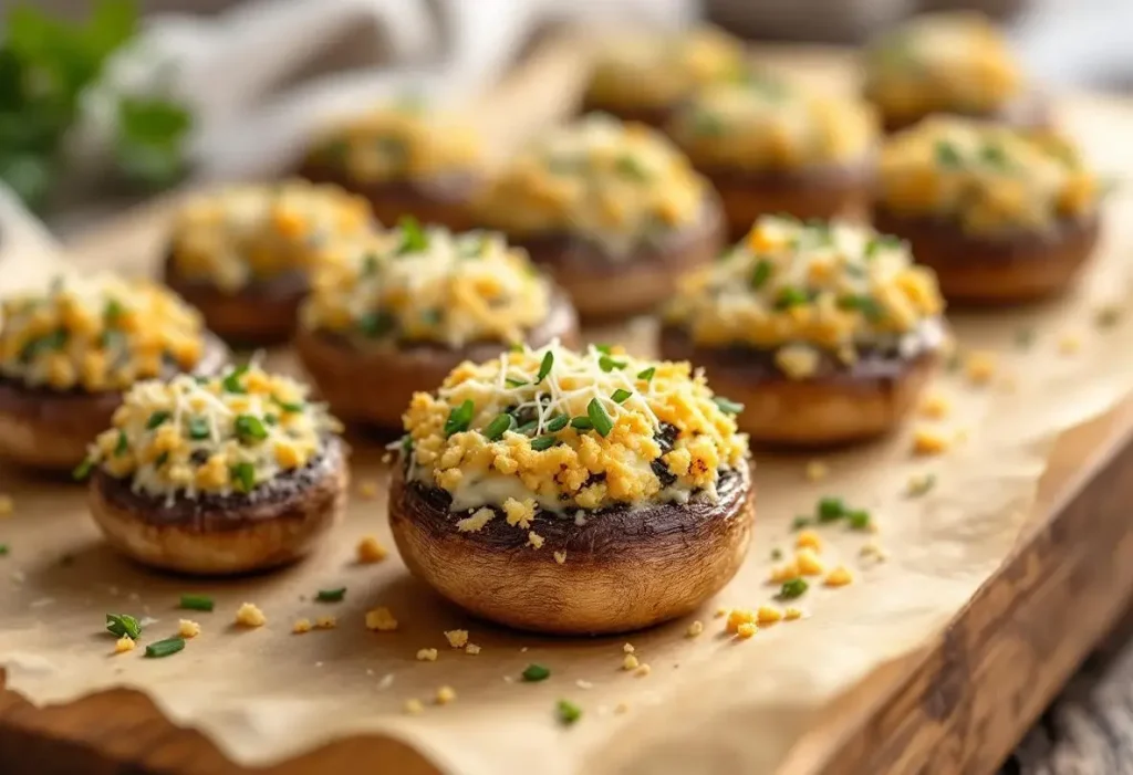 Champignons farcis au four, à l’ail et aux fines herbes : un apéro chaud, fondant et croustillant
