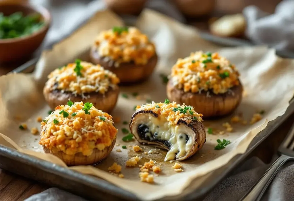 Champignons farcis au four, à l’ail et aux fines herbes : un apéro chaud, fondant et croustillant