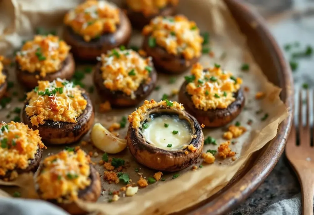 Champignons farcis rôtis au four, à l’ail et aux fines herbes : pour l’apéro chaud, fondant et croustillant