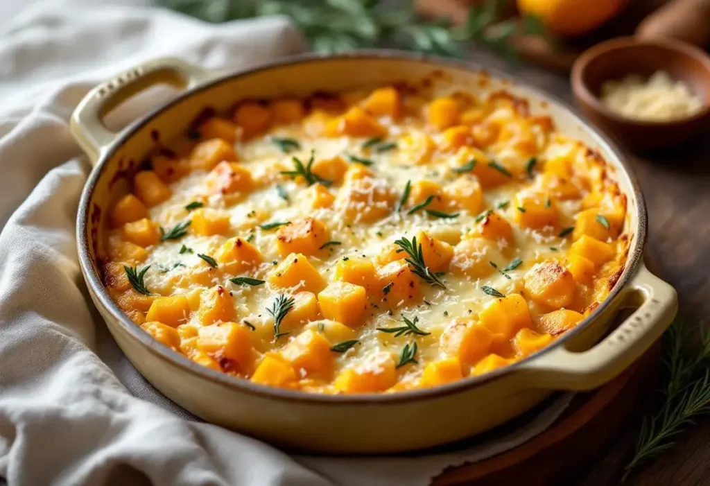 Gratin butternut au fromage frais au four : douceur fondante, herbes fraîches et crème pour réchauffer les soirs d'hiver