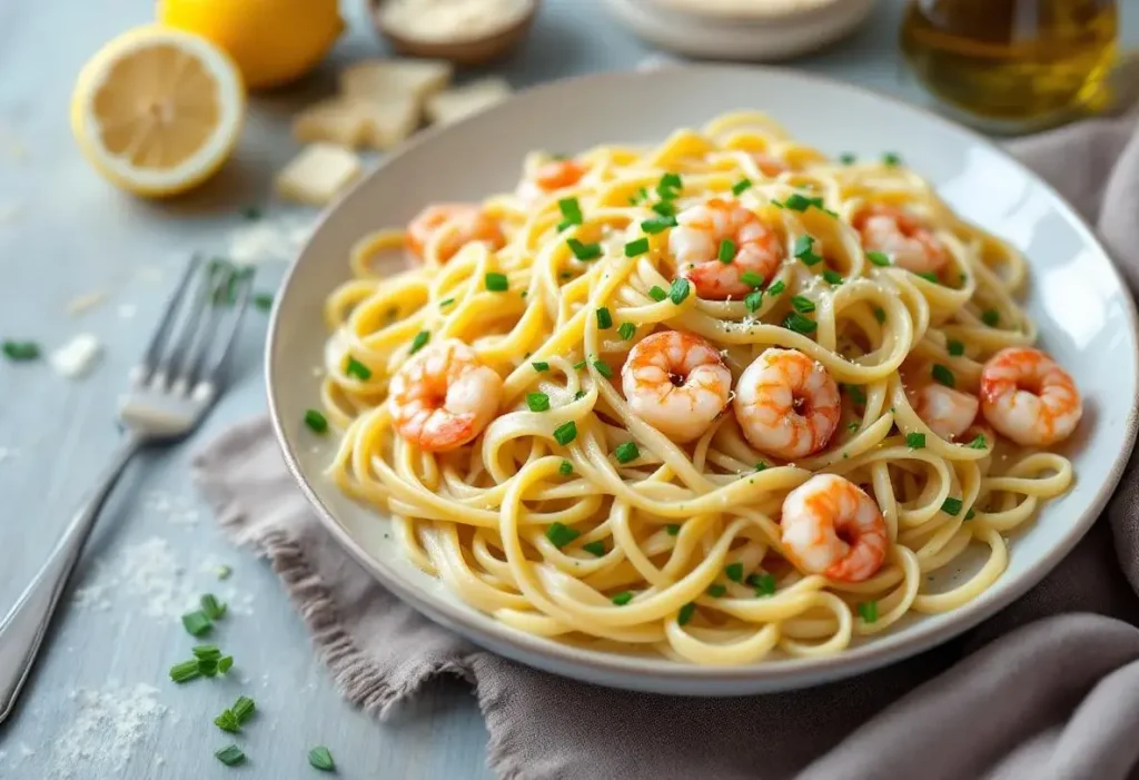 Linguine aux poireaux, crème et crevettes gourmandes