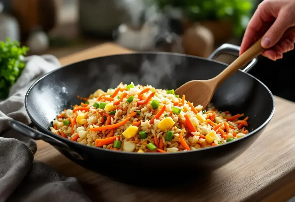 Riz sauté carottes-poireau au wok, prêt en 12 minutes avec des basiques du placard